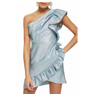 TOPSHOP Blue One-Shoulder Ruffle Minidress